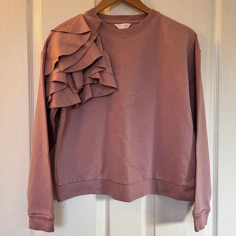 TED BAKER Debroh Easy Fit Ruffled Jumper Dusty Rose Pullover Sz 2 $140‎ Ozai